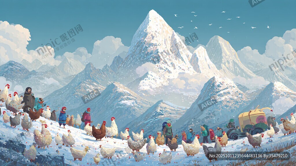 雪山下的牧人與雞群圖景
