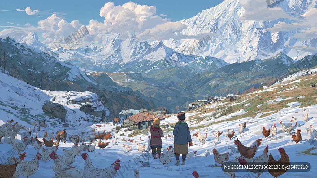 雪山下牧人與雞的溫馨場(chǎng)景