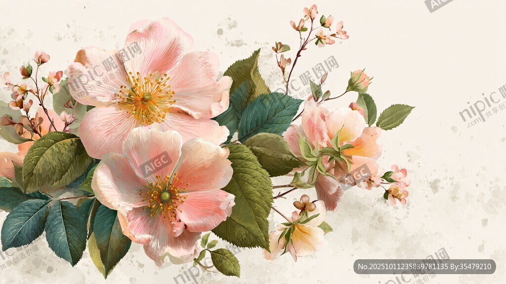 粉色薔薇花卉插畫