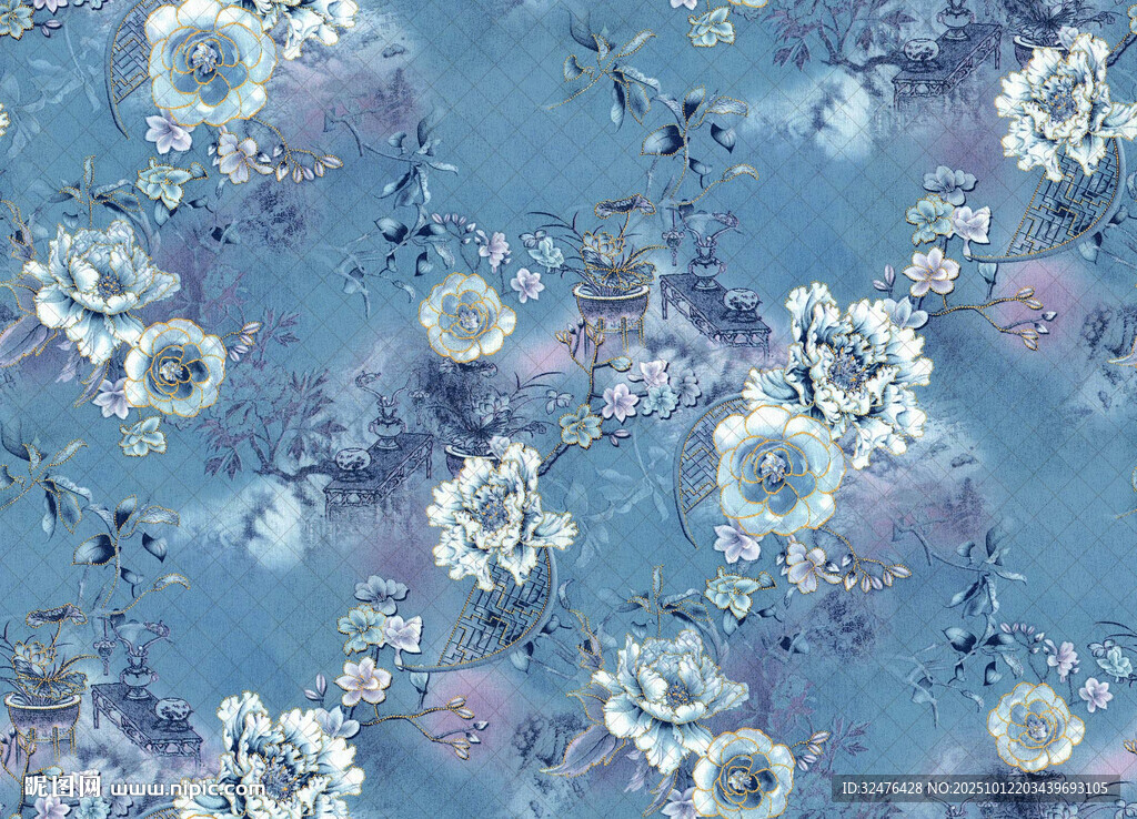 藍(lán)色花卉圖案布料紋理