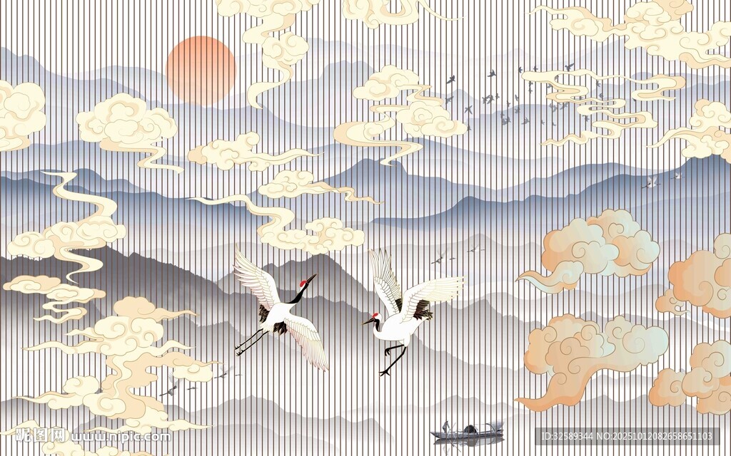 中式山水間白鶴飛翔圖景