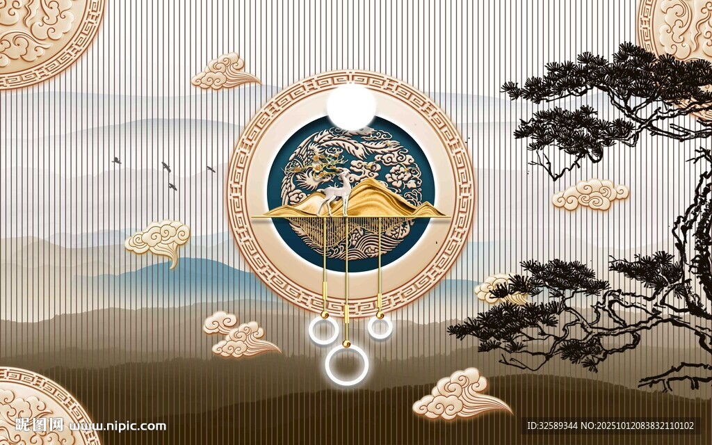 中式古風山水松樹插畫