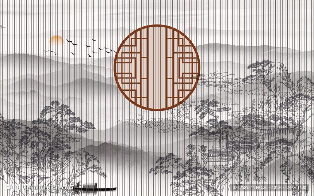 中式山水意境窗景圖