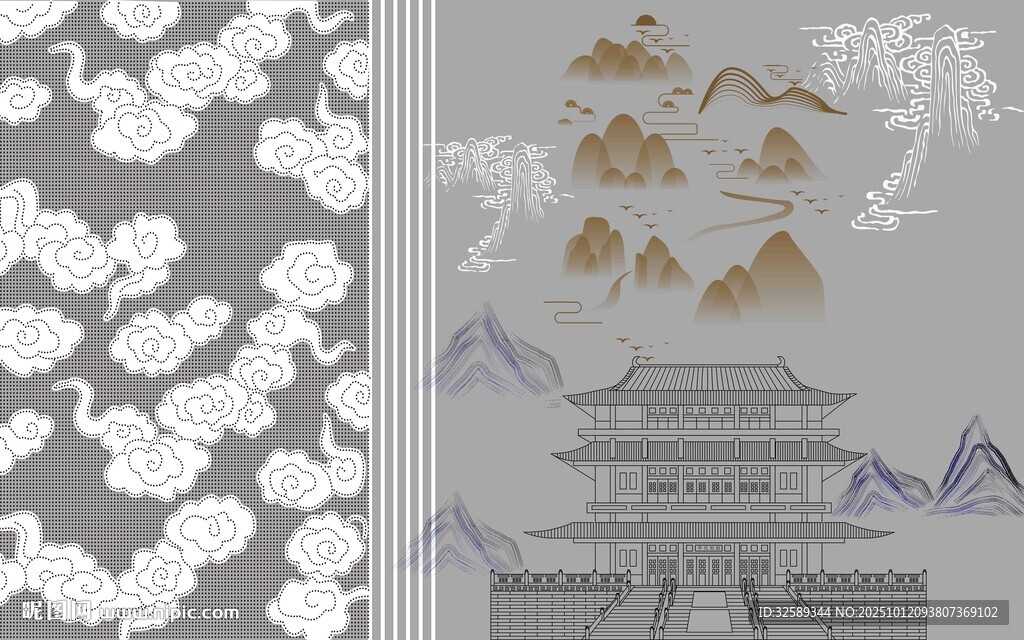 中式古典建筑山水裝飾畫