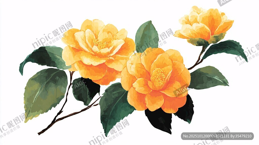 金黃艷麗山茶花插畫