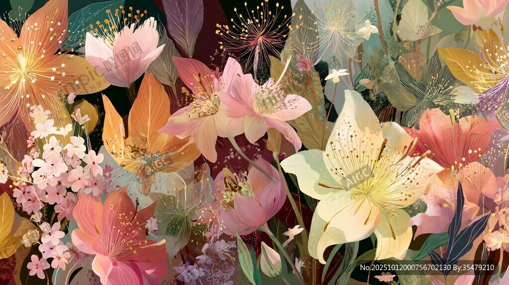 夢幻多彩花卉插畫