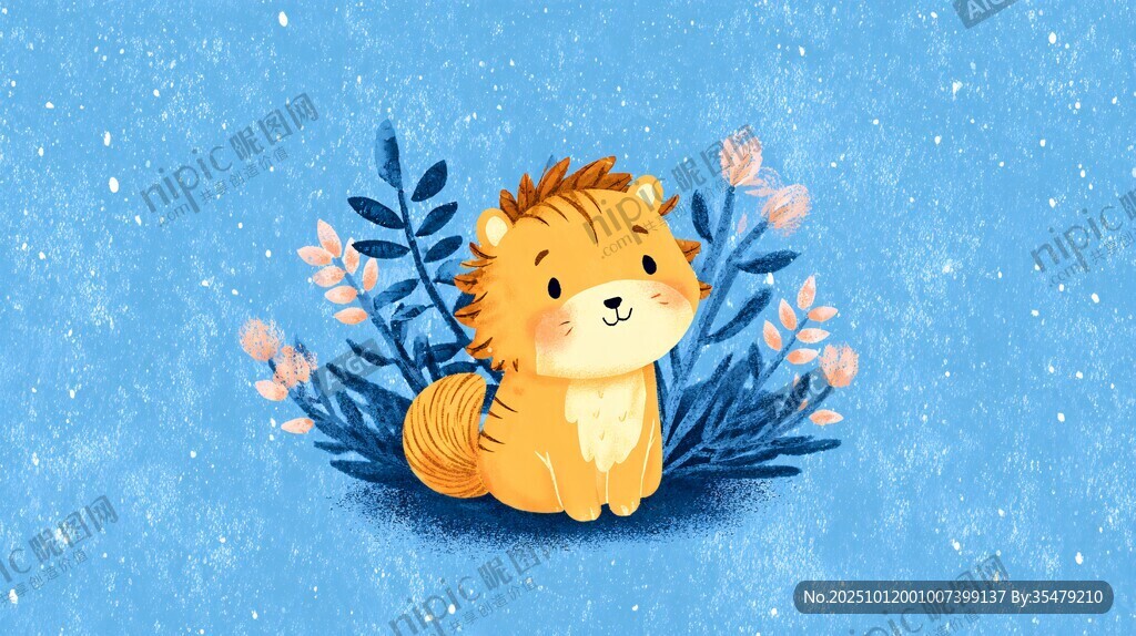 可愛(ài)小獅子與花卉插畫(huà)