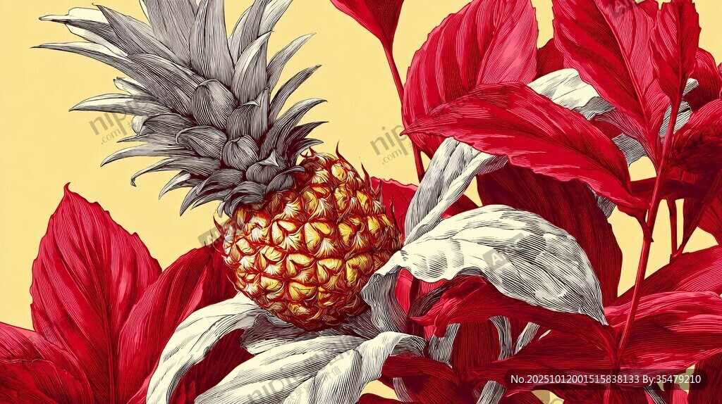 紅葉綠植中的菠蘿插畫