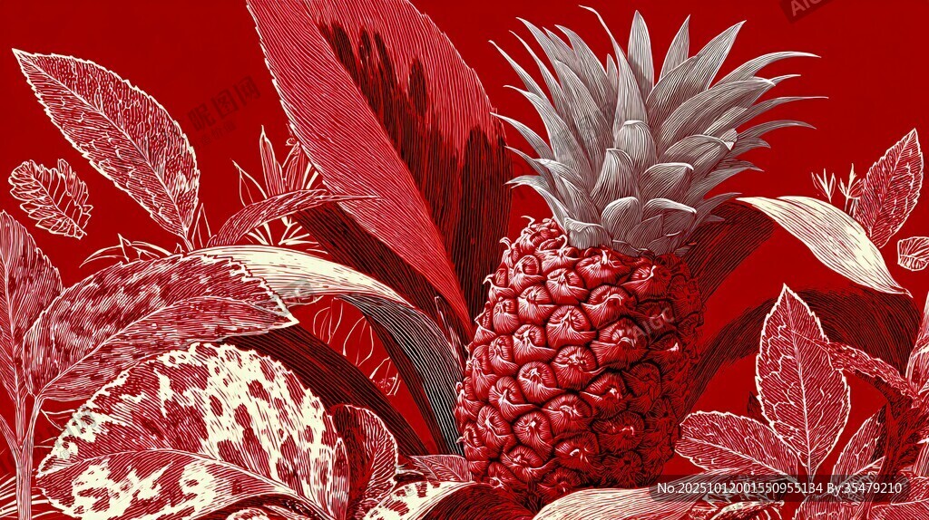 紅色系菠蘿與植物插畫