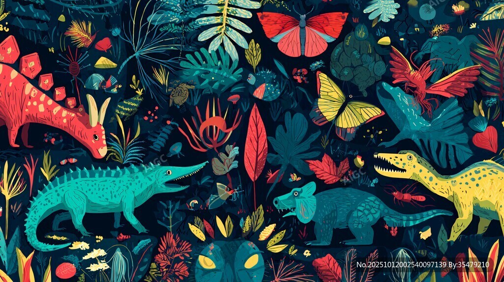奇幻恐龍叢林插畫世界