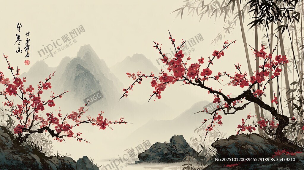 水墨紅梅山水意境圖
