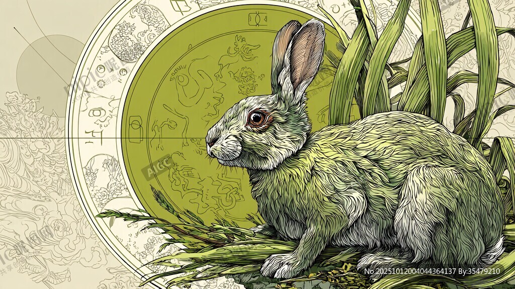 復(fù)古風(fēng)綠兔與植物插畫