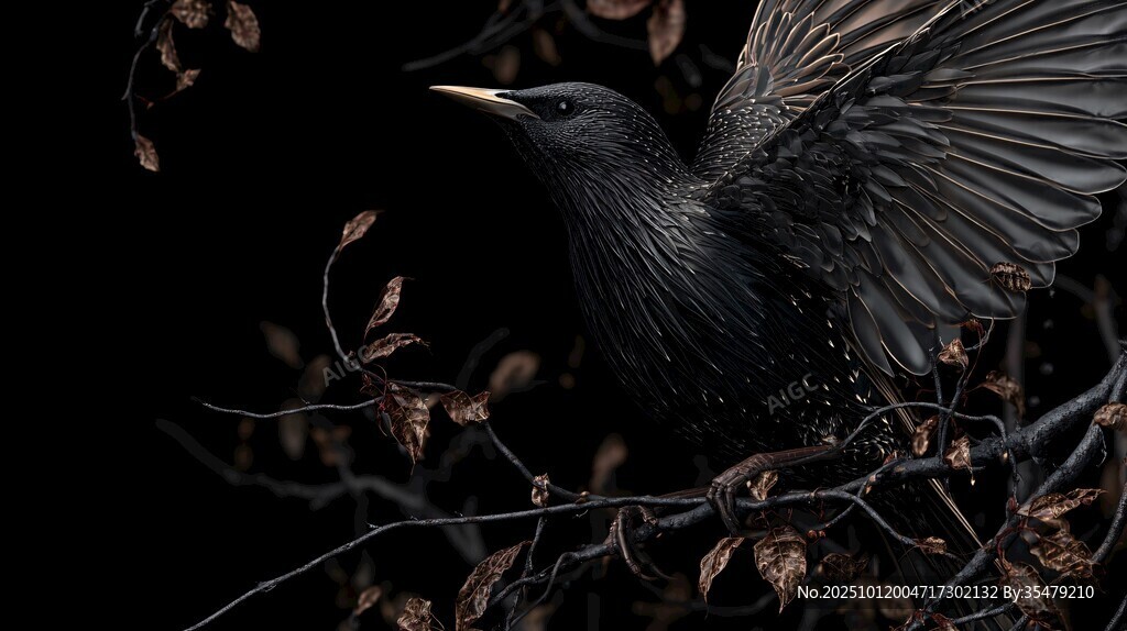 黑鳥展翅于枯枝間