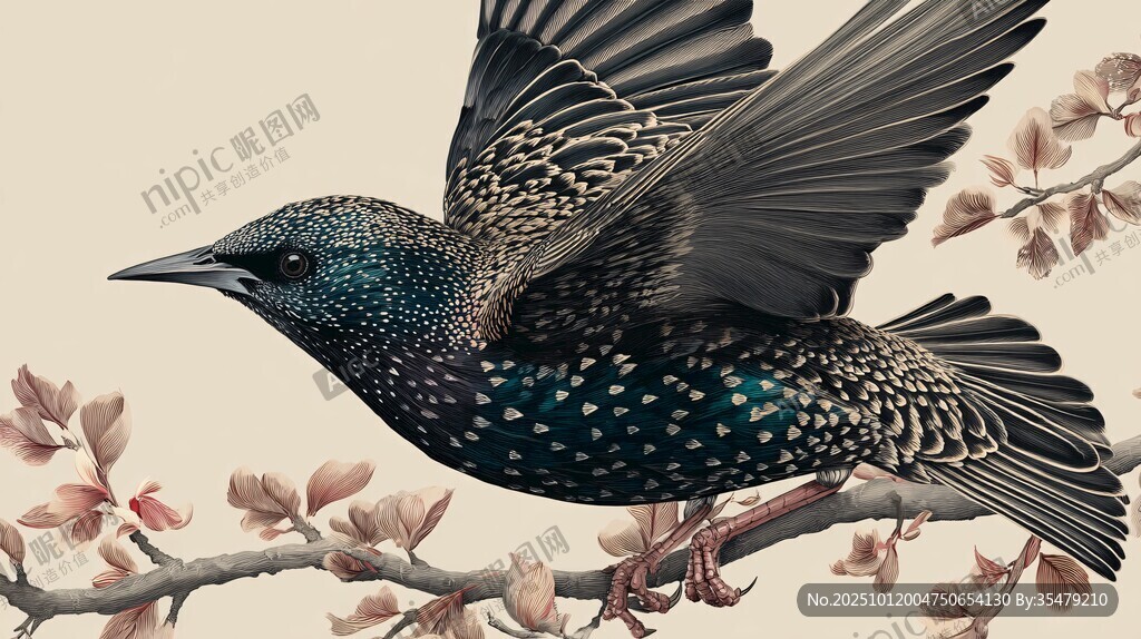 飛翔的椋鳥與綻放花枝