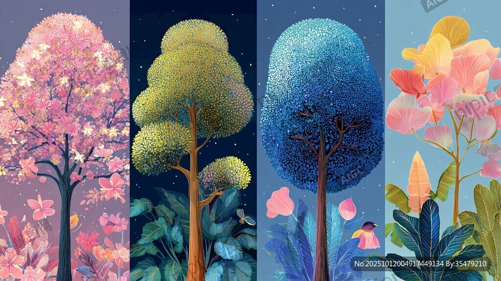 夢幻多彩樹木花卉插畫
