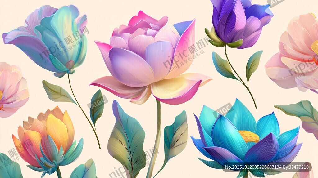 夢(mèng)幻多彩花卉插畫