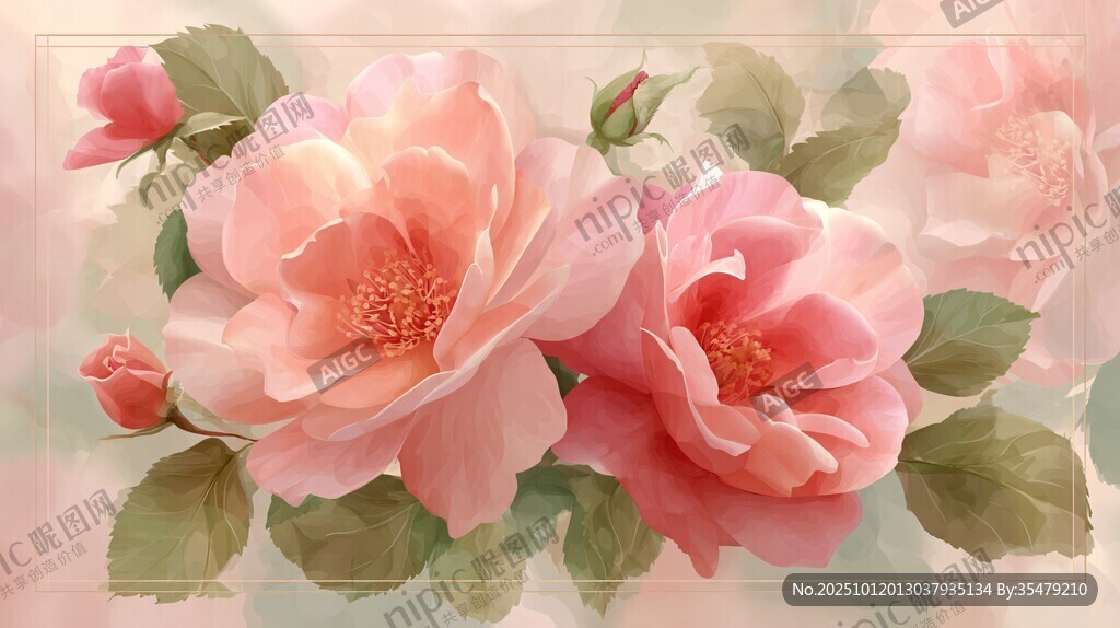 夢(mèng)幻粉色薔薇花卉插畫