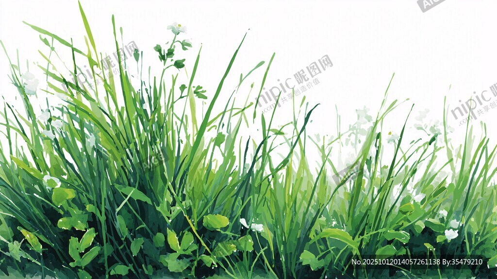 清新綠草與白色小花圖景