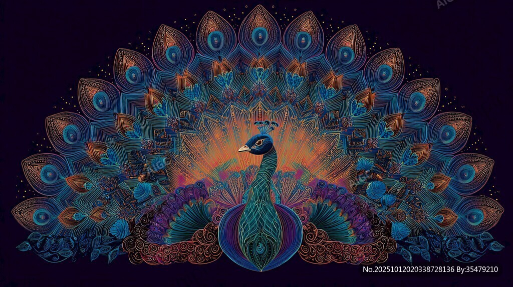 絢麗孔雀開屏藝術插畫
