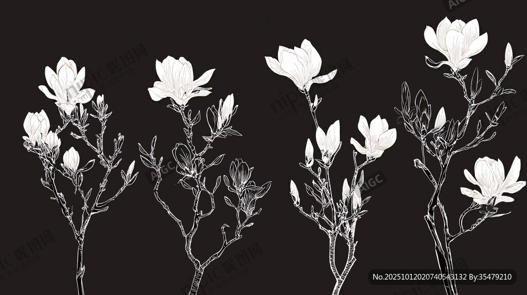 黑白玉蘭花枝藝術(shù)插畫