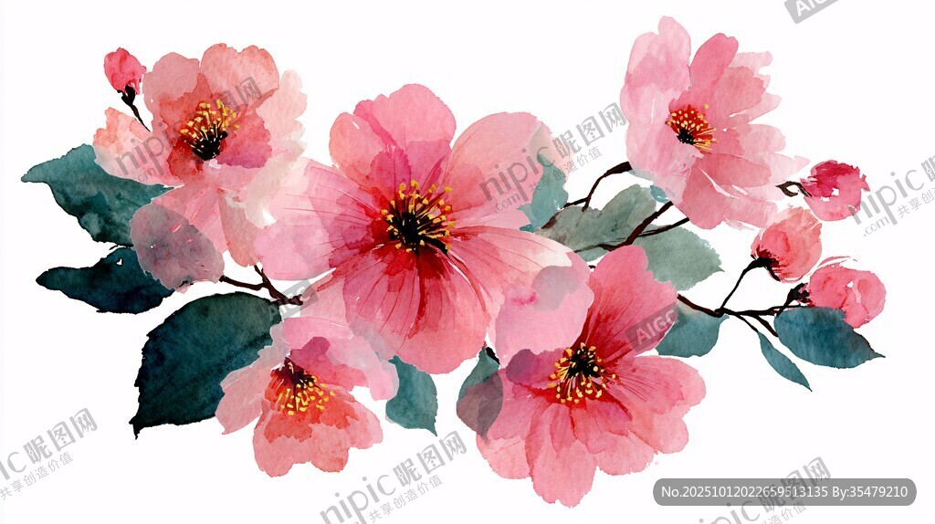 粉色水彩花卉插畫作品