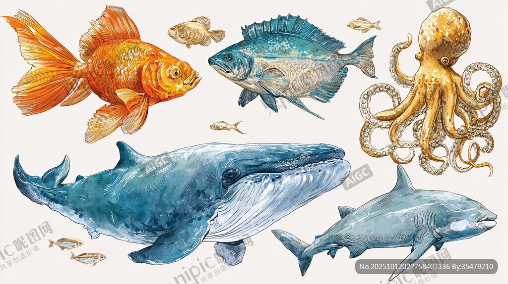 海洋生物水彩插畫集合