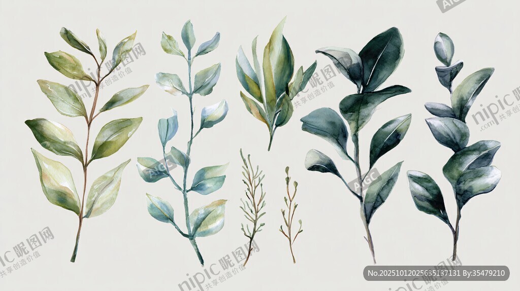 水彩風(fēng)綠植葉片插畫集合