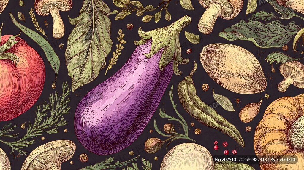 手繪多彩蔬菜與香料圖案