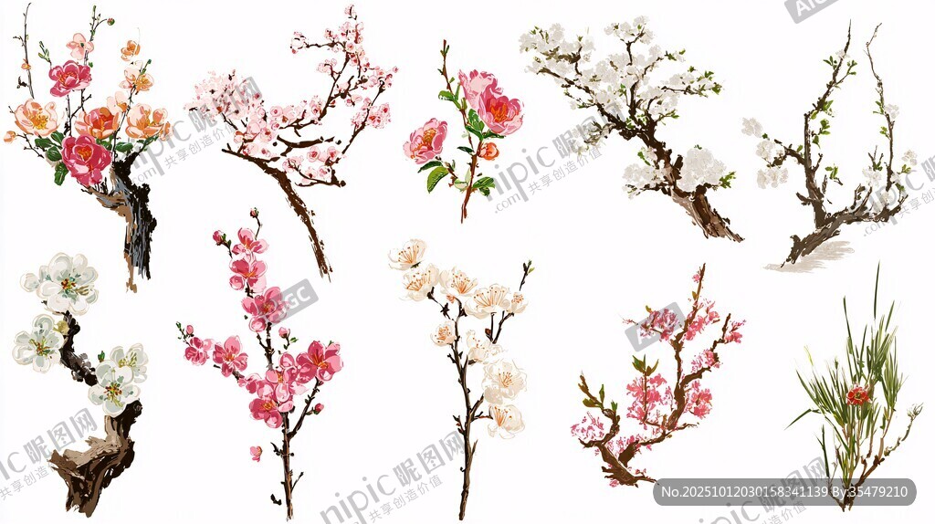 多彩花卉枝頭插畫素材