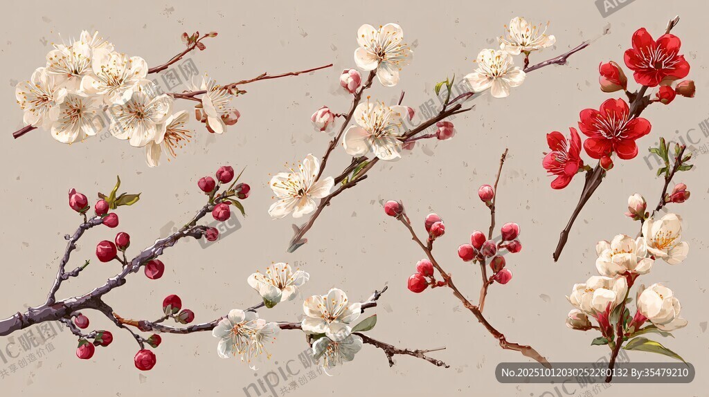 多彩花卉枝椏插畫(huà)素材