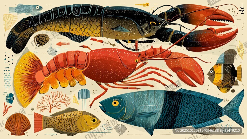 海洋生物插畫 多彩魚蝦蟹