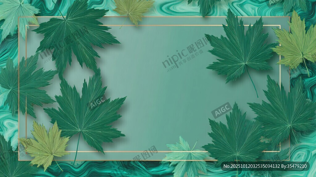 青綠色楓葉邊框背景圖