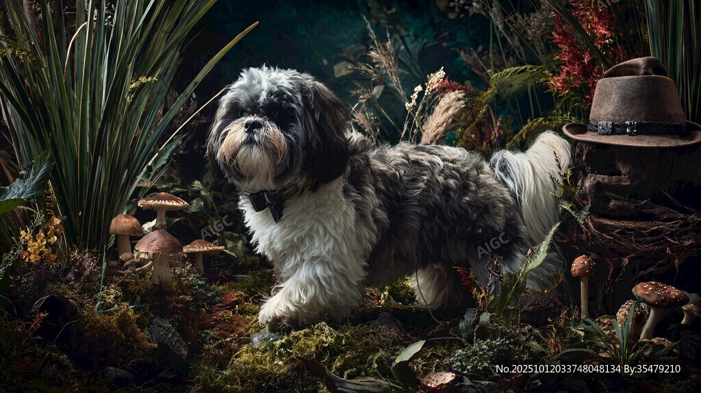 萌犬置身奇幻植物世界