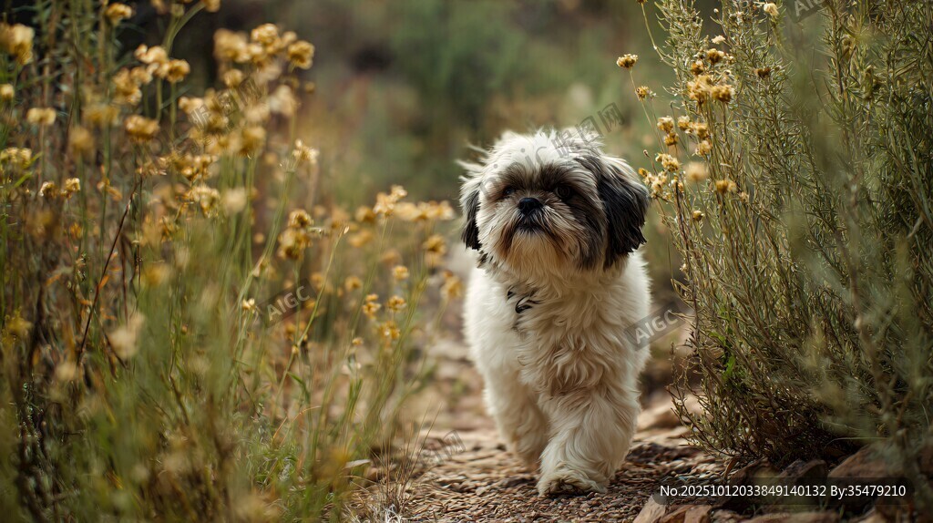 漫步花叢中的可愛小萌犬
