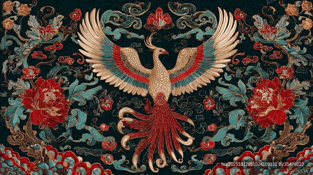 中式鳳凰花卉刺繡圖案