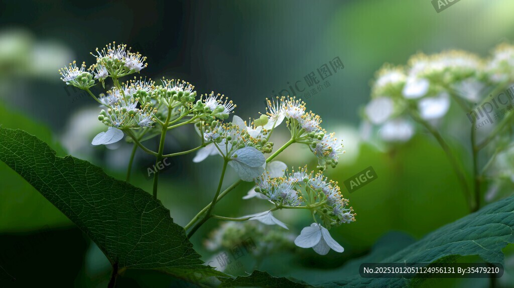 素雅白花綻放綠葉間
