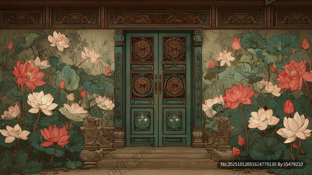 中式古門旁的絢爛荷花景
