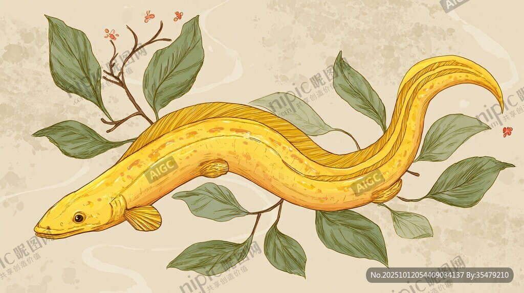 金色鰻魚伴綠葉插畫