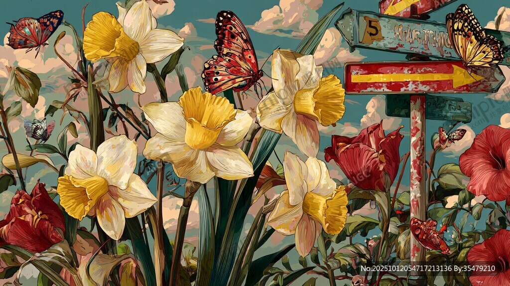 春日花卉與蝴蝶景致