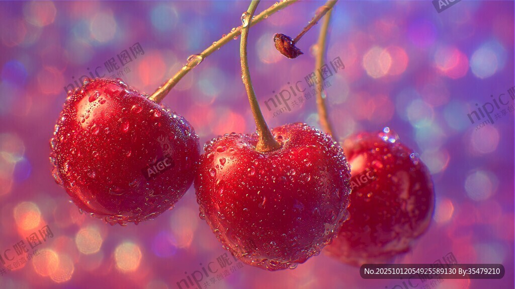 晶瑩紅櫻桃掛枝顯誘人