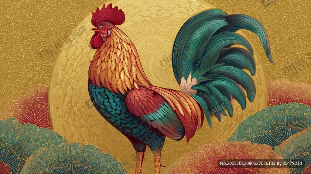 絢麗公雞立于中式背景中