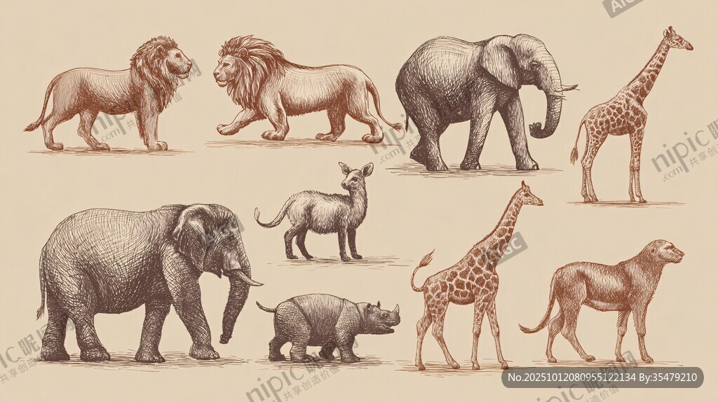 手繪野生動(dòng)物集合圖