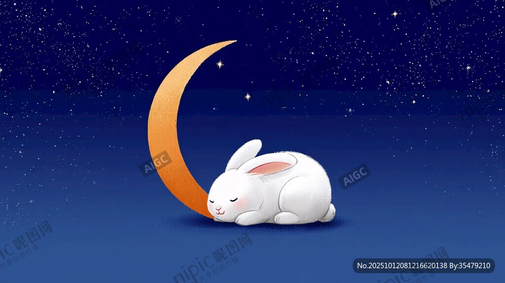 月夜下酣睡的可愛玉兔
