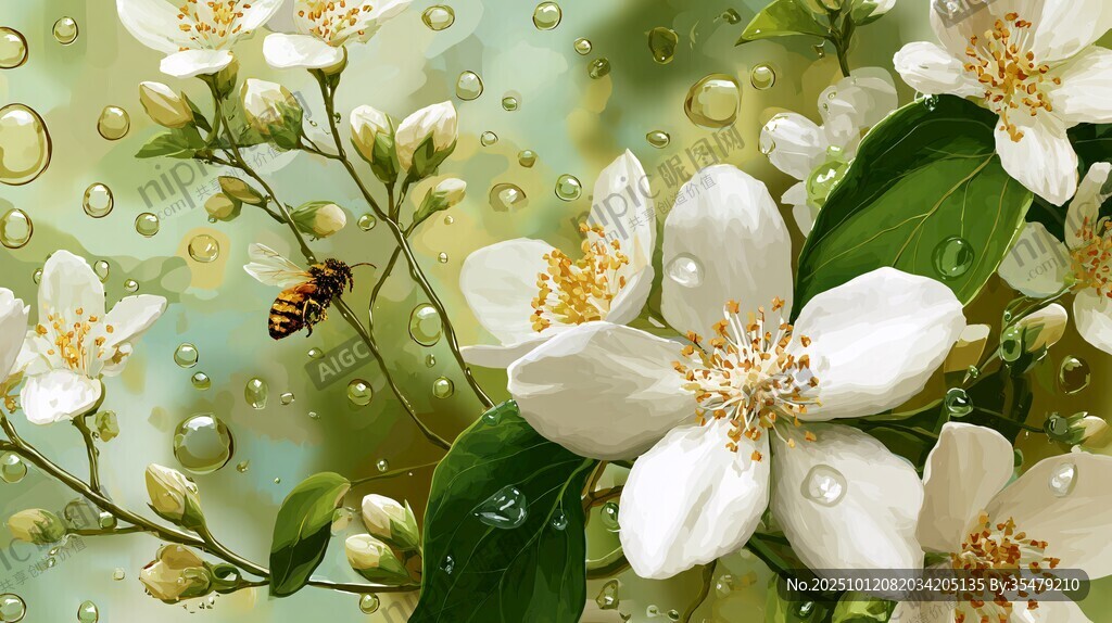 水珠潤白花 蜜蜂翩躚來