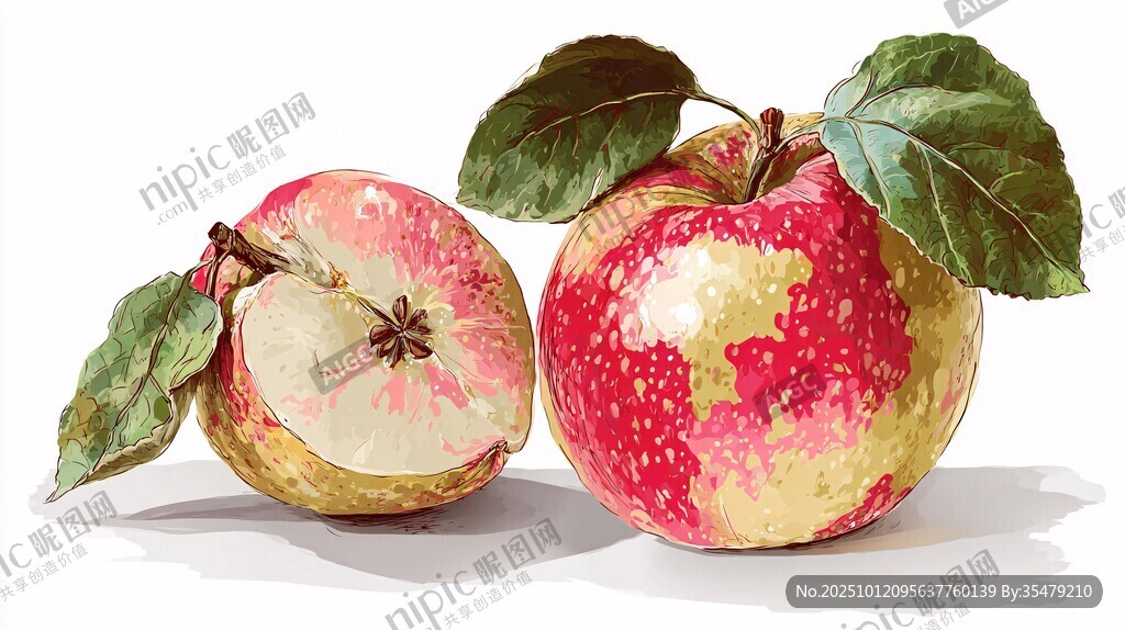 新鮮帶葉蘋果靜物圖