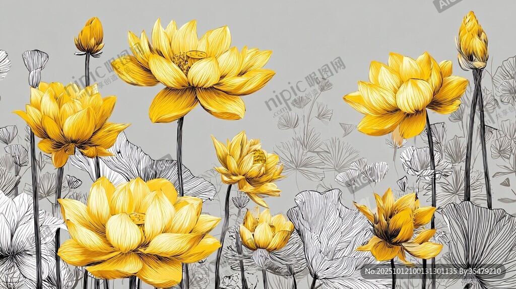 金色蓮花插畫 雅致花卉風
