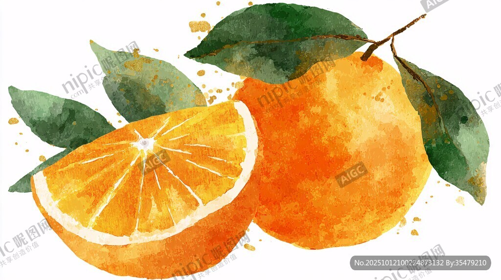 水彩畫中的鮮橙與綠葉
