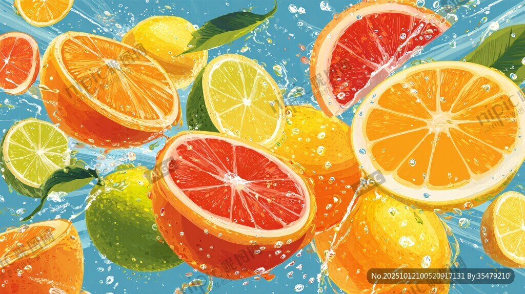 繽紛柑橘類水果水花四濺