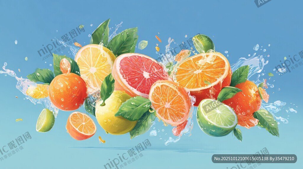 繽紛柑橘水果水花飛濺圖
