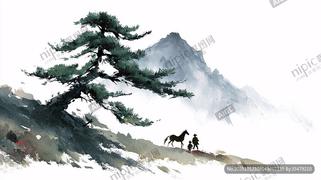 山間松下馬背旅人圖